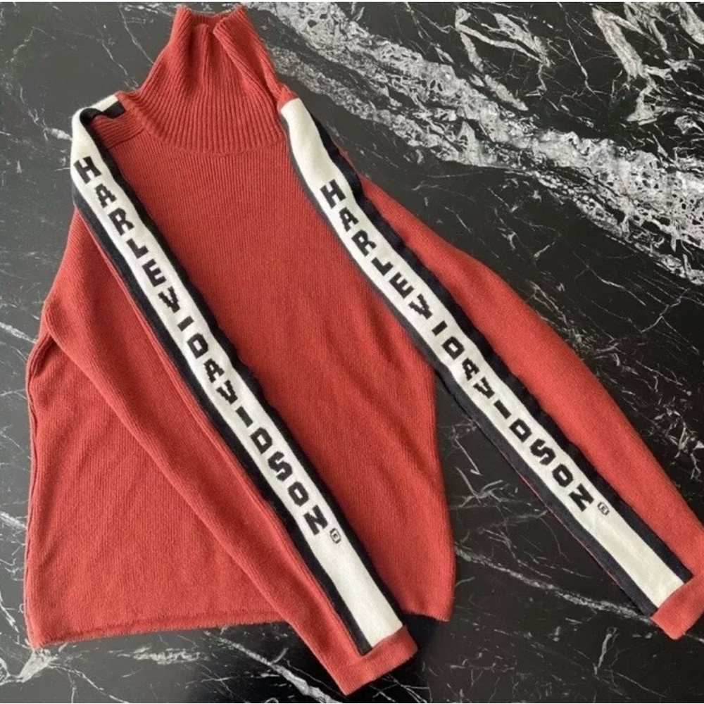 Vintage Harley Davidson Sweater Womens Size M Black Orange Turtleneck